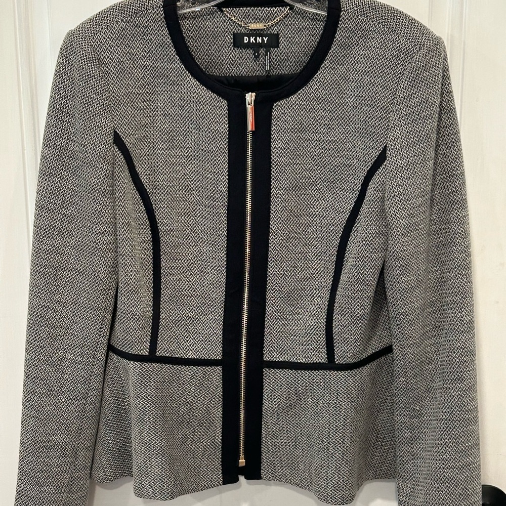 DKNY Black and White Textured Zip-Front Blazer